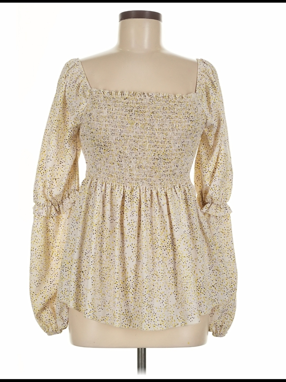 Smocked Square-Neck Blouse in Cream with Yellow Speckle